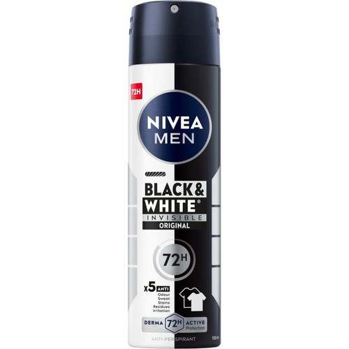 Nivea Men Black & White Invisible Original, antyperspirant w sprayu, 150 ml. Puszka o designie czarno-białym, 72H ochrona.