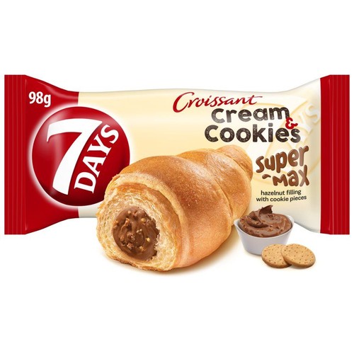 Opakowanie rogalika 7 Days Croissant Cream & Cookies Super Max, 98g. Na opakowaniu rogalik z nadzieniem orzechowym i ciasteczkami.