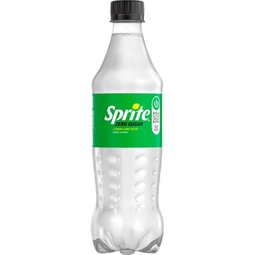 Przezroczysta, plastikowa butelka napoju gazowanego Sprite Zero Sugar. Na zielonej etykiecie widnieje logo "Sprite", informacja "bez cukru" oraz "smak cytrynowo-limonkowy, naturalne aromaty". Butelka ma czarną zakrętkę.