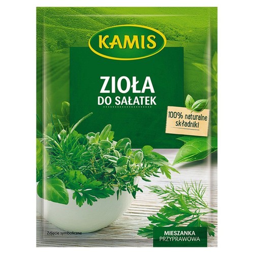 Opakowanie Kamis Zioła do Sałatek. Zielona torebka z grafiką świeżych ziół w białej miseczce. Mieszanka przyprawowa.