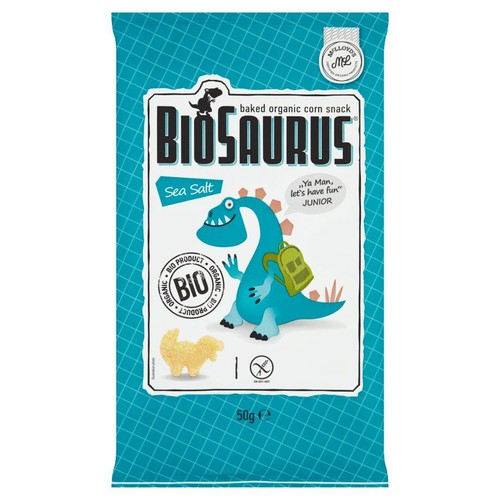 Opakowanie przekąski kukurydzianej BIOSAURUS o smaku soli morskiej, 50g. Produkt BIO, bezglutenowy, z grafiką dinozaura.