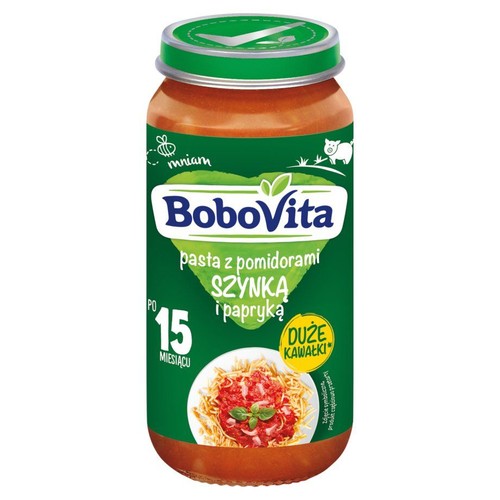 BoboVita, pasta z pomidorami, szynką i papryką dla dzieci po 15 miesiącu. Zielona etykieta z grafiką dania.
