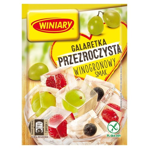 Opakowanie Winiary Galaretka Przezroczysta Winogronowy Smak. Grafika przedstawia kostki galaretki z owocami.