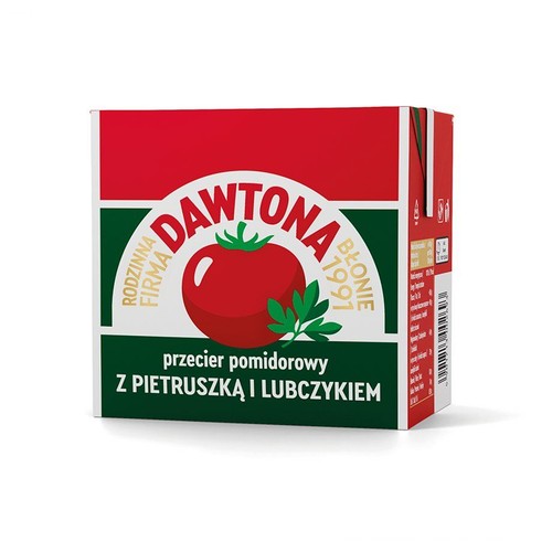 Opakowanie przecieru pomidorowego Dawtona z pietruszką i lubczykiem, 500g. Na czerwono-zielonym tle logo z pomidorem.