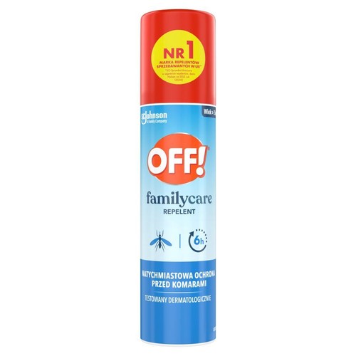 Aerozol OFF! Familycare 100ml, czerwono-niebieskie opakowanie. Natychmiastowa ochrona przed komarami.