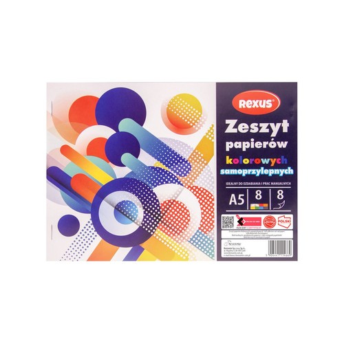 Zeszyt papierów kolorowych samoprzylepnych marki RexuS, format A5. Okładka z dynamicznym, abstrakcyjnym wzorem geometrycznym w odcieniach niebieskiego, pomarańczowego, czerwonego i żółtego. Produkt idealny do zdobienia i prac manualnych.