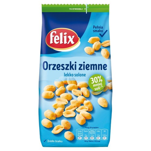Niebieska paczka orzeszków ziemnych Felix, lekko solonych. Produkt zawiera 30% mniej soli i jest źródłem białka. Opakowanie 100g.