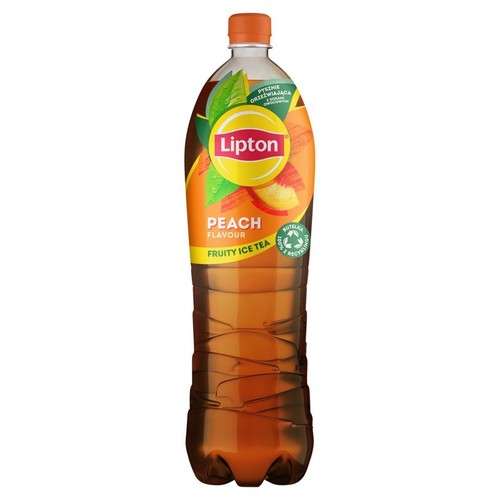 Butelka Lipton Fruity Ice Tea o smaku brzoskwiniowym. Na etykiecie napis "Pysznie orzeźwiająca z sokiem owocowym".