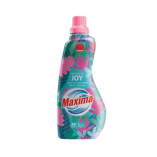 Butelka płynu do płukania Sano Maxima, 1 litr. Etykieta z napisem "Moments of JOY" i wzorem różowych liści.