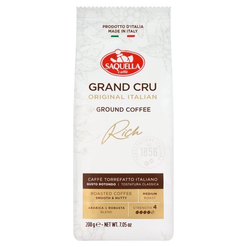 Opakowanie kawy mielonej Saquella Grand Cru. Włoska kawa, średnio palona, o smaku gładkim i orzechowym. 200g.