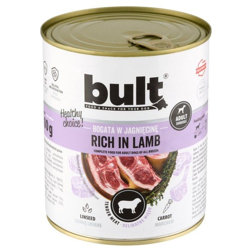 Puszka karmy Bult dla dorosłych psów, 400g, z jagnięciną. Na etykiecie ilustracja kawałków mięsa, marchew i siemię lniane.