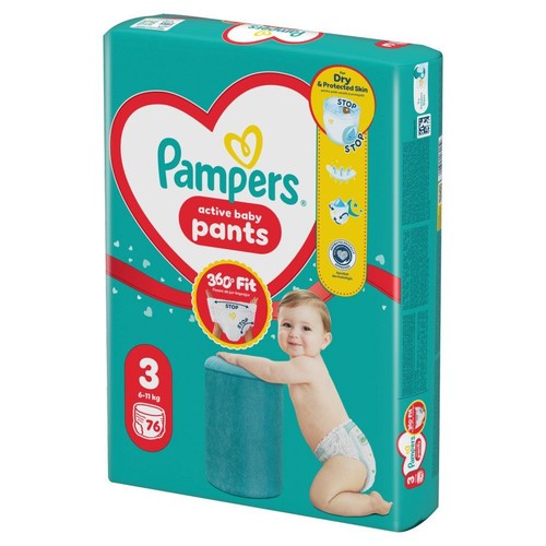 Paczka pieluchomajtek Pampers Active Baby Pants, rozmiar 3, dla dzieci 6-11 kg, 76 sztuk. Zielone opakowanie z wizerunkiem dziecka.