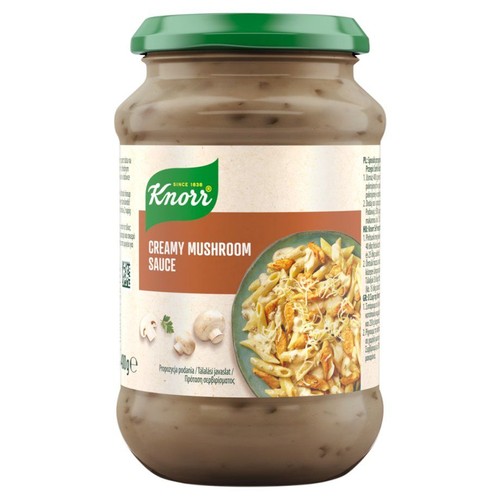 Słoik sosu Knorr Śmietanowo-Grzybowego 400g z zieloną zakrętką. Na etykiecie grafika makaronu z sosem i pieczarkami.