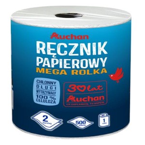 Ręcznik papierowy Mega Rolka 2 warstwy 500 listków    Auchan 1 rolka