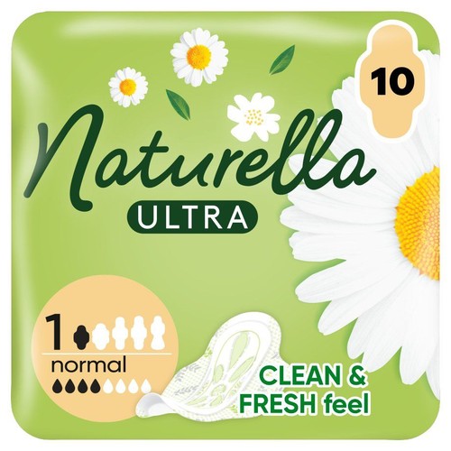 Opakowanie podpasek Naturella Ultra, 10 sztuk, normalna chłonność. Zielone tło z białymi stokrotkami i liśćmi.