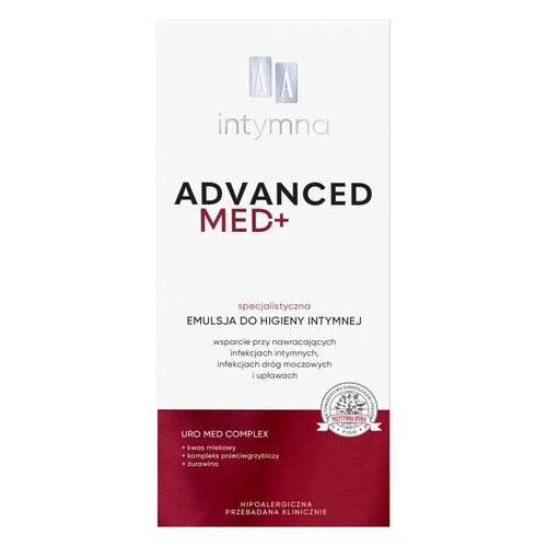 AA Intymna Advanced Med+ emulsja do higieny intymnej. Wspiera przy infekcjach intymnych i dróg moczowych. Hipoalergiczna.
