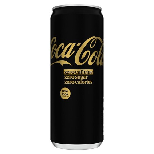 Czarna puszka Coca-Cola z nowym wyglądem i złotymi napisami. Produkt jest bez kofeiny, cukru i kalorii.