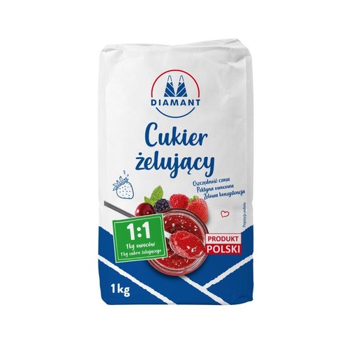 Cukier żelujący Diamant 1kg z pektyną owocową, idealny do przygotowania dżemów i konfitur. Zapewnia oszczędność czasu i żelową konsystencję. Na opakowaniu grafika owoców i gotowego dżemu.