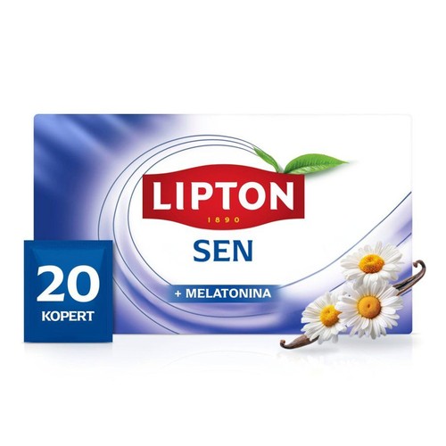 Herbata Lipton Sen + Melatonina w białym pudełku z niebieskimi akcentami. Widoczne 20 saszetek. Grafika rumianku i wanilii.