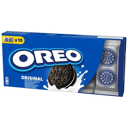 Opakowanie zbiorcze ciastek Oreo Original, 10 sztuk. Na froncie grafika ciastka z kremem i mlekiem.