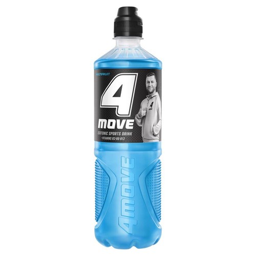 Butelka napoju sportowego 4 MOVE. Na czarnej etykiecie duża cyfra 4 i napis "MOVE". Produkt zawiera witaminy B3, B6, B12.