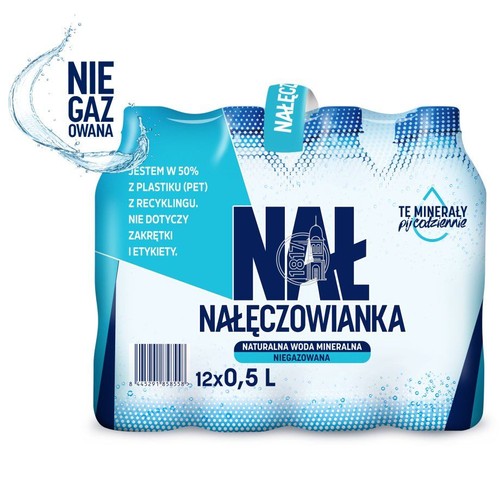 Zgrzewka 12 butelek naturalnej wody mineralnej Nałęczowianka niegazowanej. Każda butelka zawiera 0,5 litra wody. Opakowanie zbiorcze jest wykonane z 50% plastiku PET pochodzącego z recyklingu, z wyłączeniem zakrętki i etykiety.