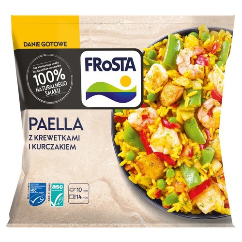 Opakowanie Frosta Paella z krewetkami i kurczakiem. Na zdjęciu danie z ryżem, krewetkami, kurczakiem i warzywami.
