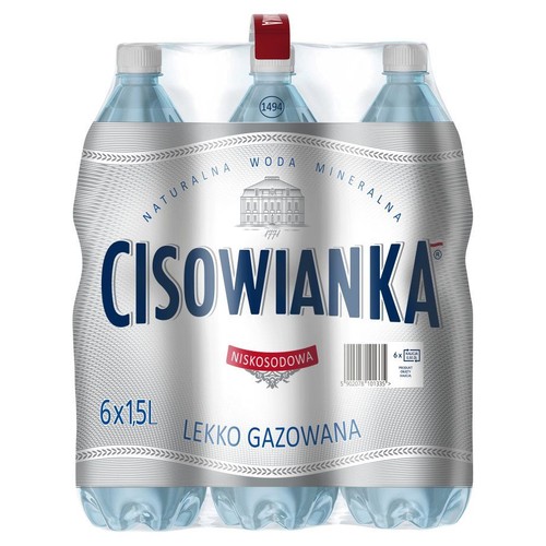 Zgrzewka 6 butelek naturalnej wody mineralnej Cisowianka, niskosodowej i lekko gazowanej. Każda butelka zawiera 1.5 litra, co daje łącznie 9 litrów produktu. Etykieta w odcieniach bieli i szarości z niebieskim napisem.