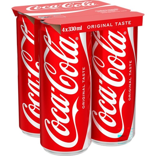 Zestaw 4 puszek Coca-Coli o pojemności 330 ml każda, z napisem "Oryginalny Smak". Puszki są czerwone.