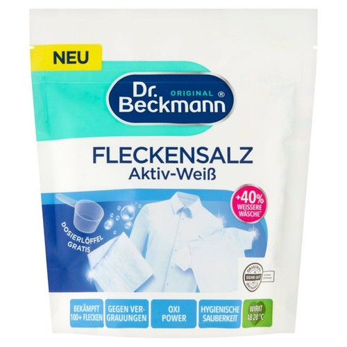Dr. Beckmann Fleckensalz Aktiv-Weiß, sól do usuwania plam. Nowość z mocą OXI, działa od 20°C. Gratis łyżka dozownikowa.