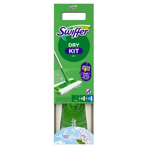 Swiffer Dry Kit w zielonym opakowaniu. Zestaw zawiera mop, 8 suchych i 3 mokre ściereczki. Do usuwania brudu, kurzu i włosów.