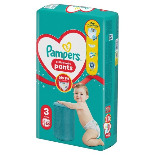 Pampers Active Baby Pants, rozmiar 3, 62 pieluchomajtki. Opakowanie z uśmiechniętym dzieckiem.