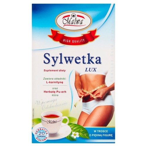 Opakowanie herbaty Malwa Sylwetka LUX, suplementu diety. Zawiera L-karnitynę i herbatę Pu-erh. 20 torebek ziołowych.