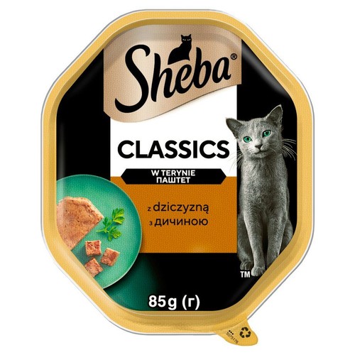 Tacka karmy Sheba Classics, pasztet z dziczyzną, 85g. Opakowanie z logo Sheba i grafiką szarego kota.