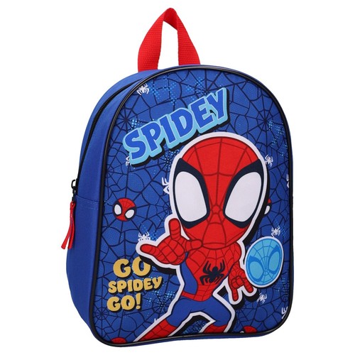 Niebieski plecak dziecięcy z grafiką Spidey'a na tle pajęczyny. Widoczny napis "SPIDEY" i czerwony uchwyt.