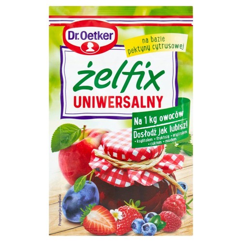 Dr. Oetker Żelfix Uniwersalny na bazie pektyny cytrusowej. Do przygotowania przetworów z 1 kg owoców.