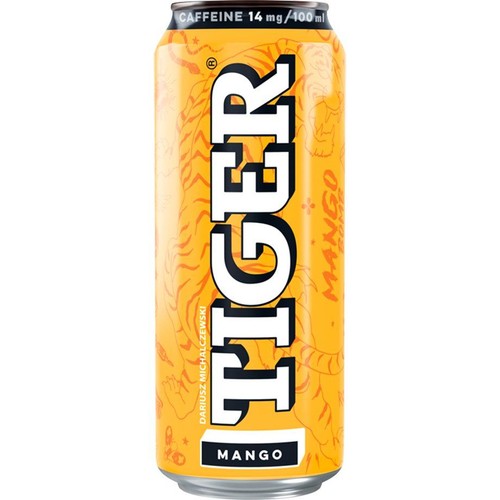 Tiger Energy Drink Mango w puszce. Żółta puszka z czarnym napisem "TIGER" i wzorem tygrysich pasów.