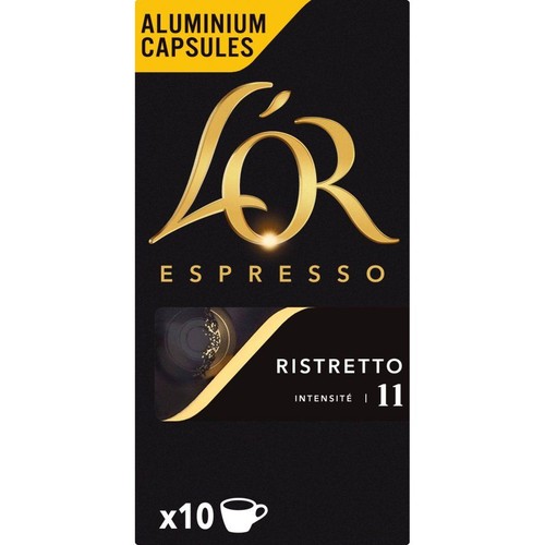 Kawa L'OR Espresso Ristretto w czarnym opakowaniu. 10 aluminiowych kapsułek, intensywność 11. Złote logo L'OR.