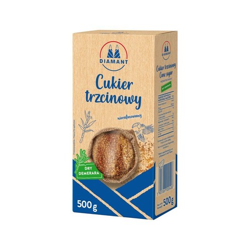 Cukier trzcinowy nierafinowany Diamant Dry Demerara w kartonowym opakowaniu 500g. Na pudełku grafika trzciny i brązowego cukru.