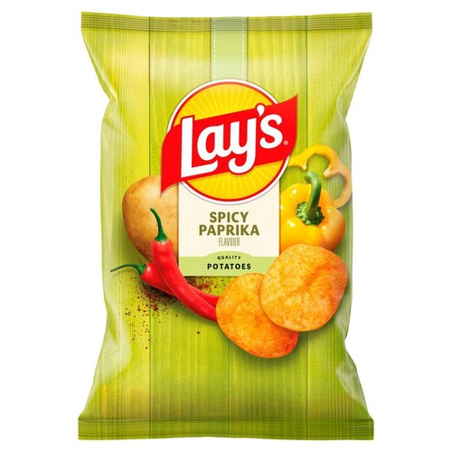 Chipsy Lay's o smaku pikantnej papryki w zielonej paczce. Grafika przedstawia ziemniaka, papryczki i chipsy.