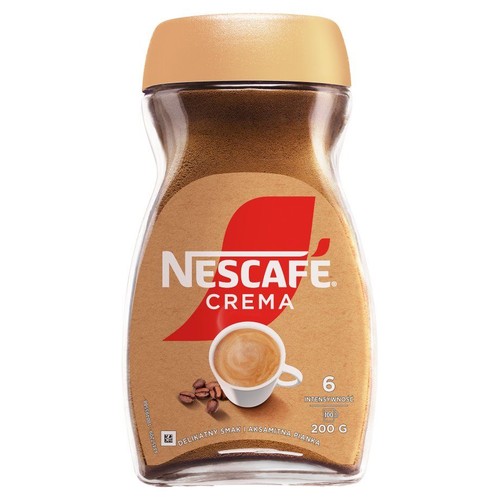 Słoik kawy rozpuszczalnej NESCAFE Crema 200 g. Na etykiecie filiżanka kawy z pianką i ziarna kawy. Intensywność 6.