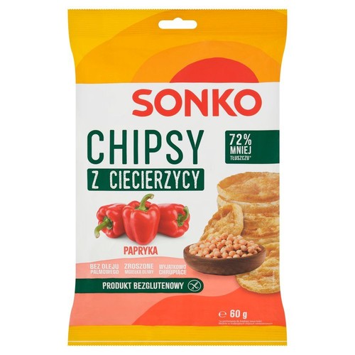 Biało-pomarańczowe opakowanie Sonko Chipsów z ciecierzycy o smaku papryki. Na etykiecie widoczne czerwone papryki, ciecierzyca w miseczce i chrupiące chipsy. Produkt bezglutenowy, 72% mniej tłuszczu, 60 g.
