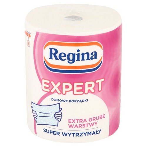 Biała rolka ręcznika papierowego Regina EXPERT. Opakowanie z różowymi akcentami i grafiką dłoni trzymających papier.