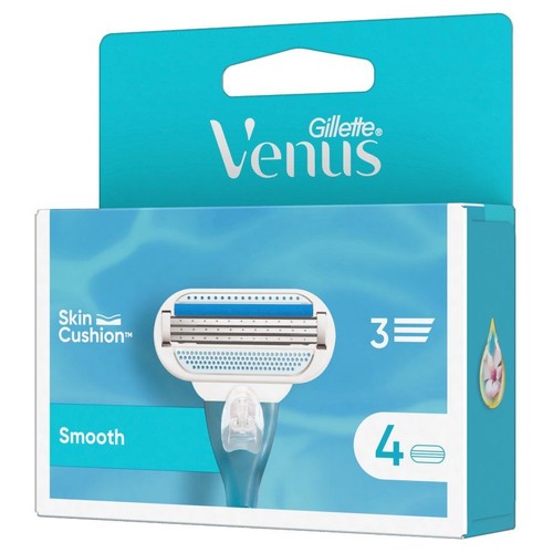 Opakowanie wkładów do maszynki Gillette Venus Smooth z technologią Skin Cushion. Zawiera 4 wkłady z 3 ostrzami.