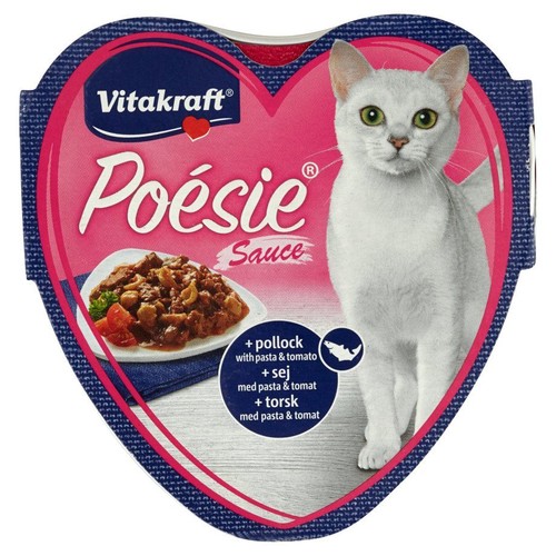 Vitakraft Poésie Sauce, karma dla kota z sosem. Opakowanie w kształcie serca z białym kotem i daniem.
