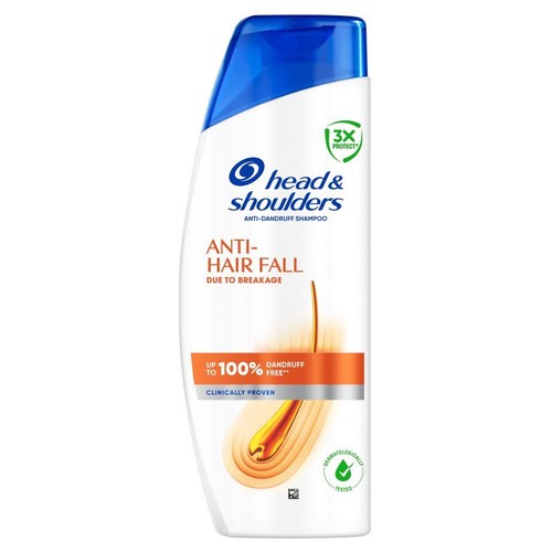 Biała butelka szamponu Head & Shoulders przeciwłupieżowego, zapobiegającego wypadaniu włosów. Posiada niebieską nakrętkę.