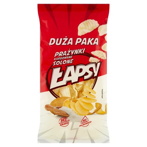 Duże opakowanie solonych prażynek Lapsy. Produkt bez wzmacniaczy smaku i oleju palmowego. Na opakowaniu grafika ziemniaków i soli.