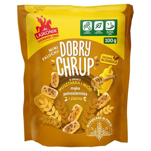 Opakowanie Lajkonik Mini Paluchy Dobry Chrup, 100g. Na etykiecie widoczne paluchy, miód i musztarda. Produkt z mąki pełnoziarnistej i ziaren, źródło błonnika. Zawiera olej rzepakowy, bez wzmacniaczy smaku.