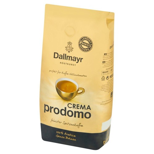 Opakowanie kawy Dallmayr Crema prodomo, ziarna 100% Arabica. Kawa premium do ekspresów.
