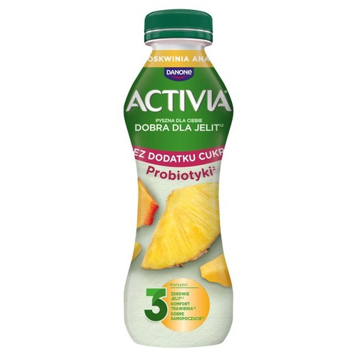 Butelka napoju Activia Danone z ananasem. Bez dodatku cukru, z probiotykami, dobra dla jelit.